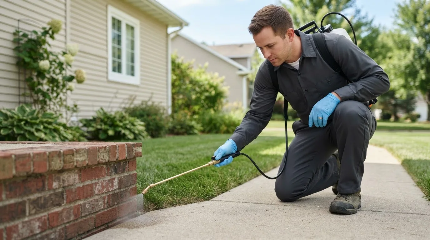 Pest control technician treating a home near Alvarado, TX